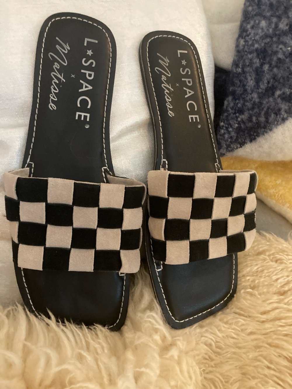 l*space Black & Beige Checkerboard Slide Mules